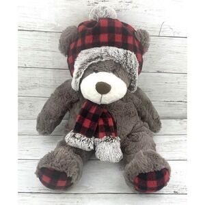 Gentle Treasures Teddy Bear Plush 18" with Buffalo Plaid Hat & Scarf - EUC